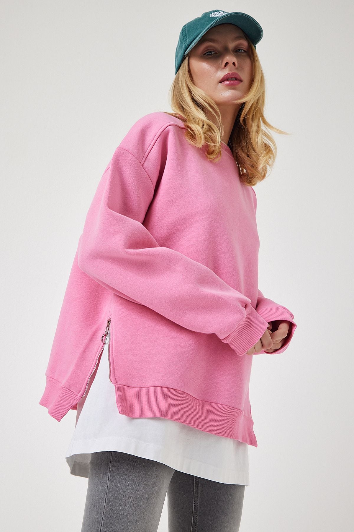 Açık Pembe Fermuar Detaylı Şardonlu Örme Sweatshirt UB00148