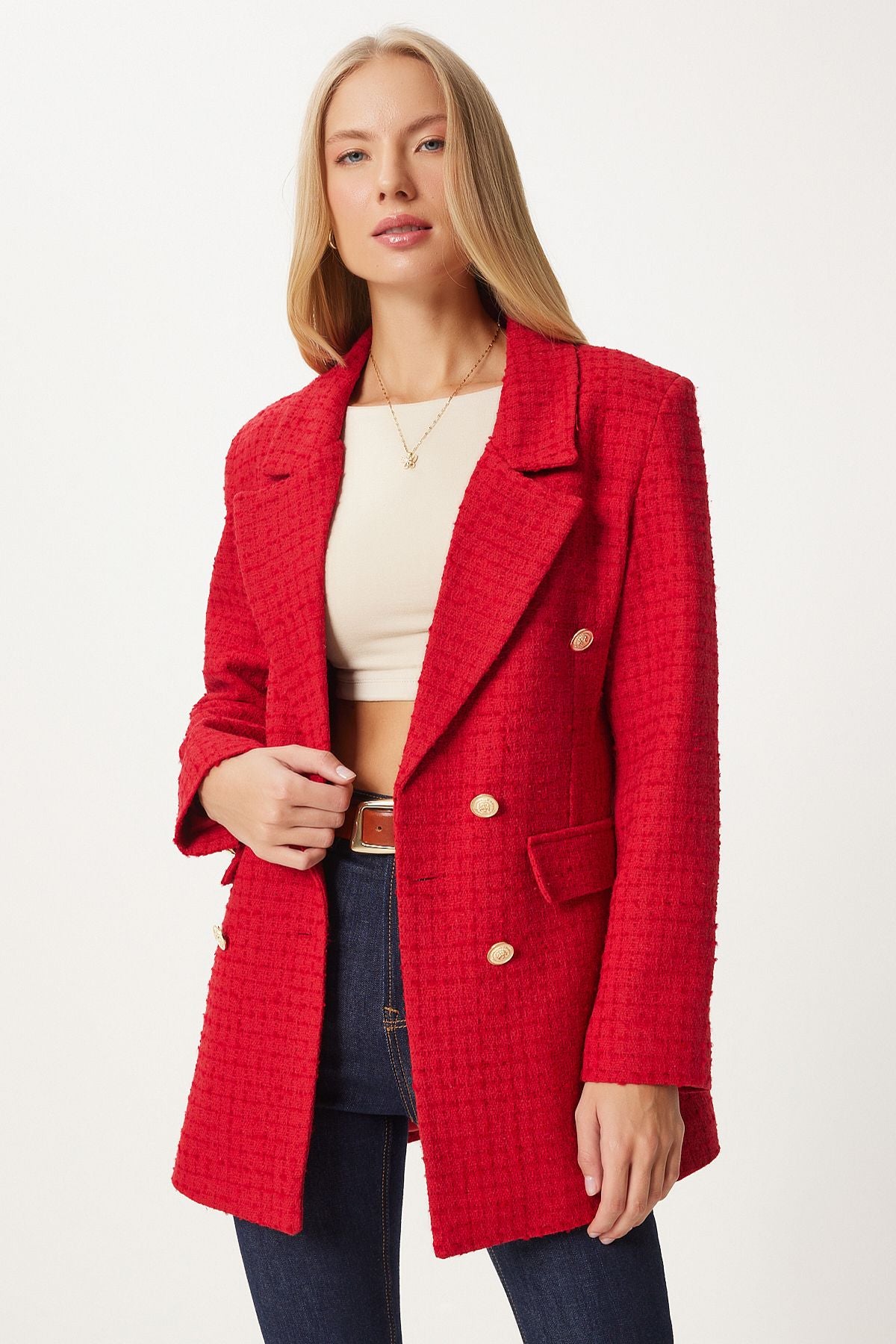 Kırmızı Düğmeli Blazer Tüvit Ceket  WF00004