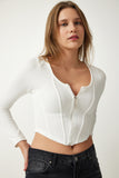 Beyaz Fermuarlı Fitilli Crop Bluz SF00006
