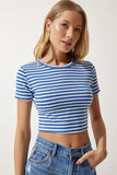 Mavi Çizgili Crop Örme T-Shirt NJ00139