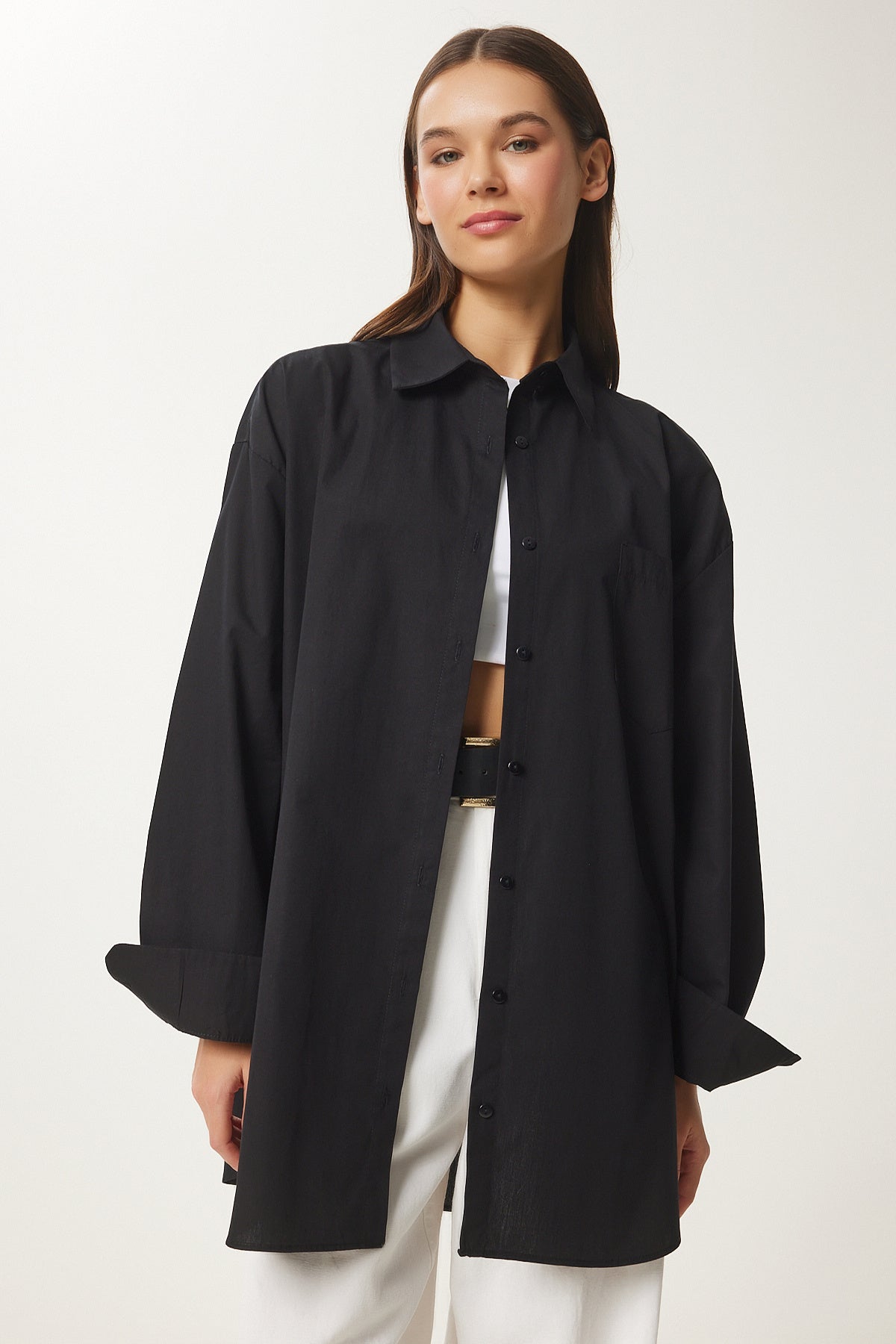 Siyah Oversize Uzun Dokuma Gömlek BP00167