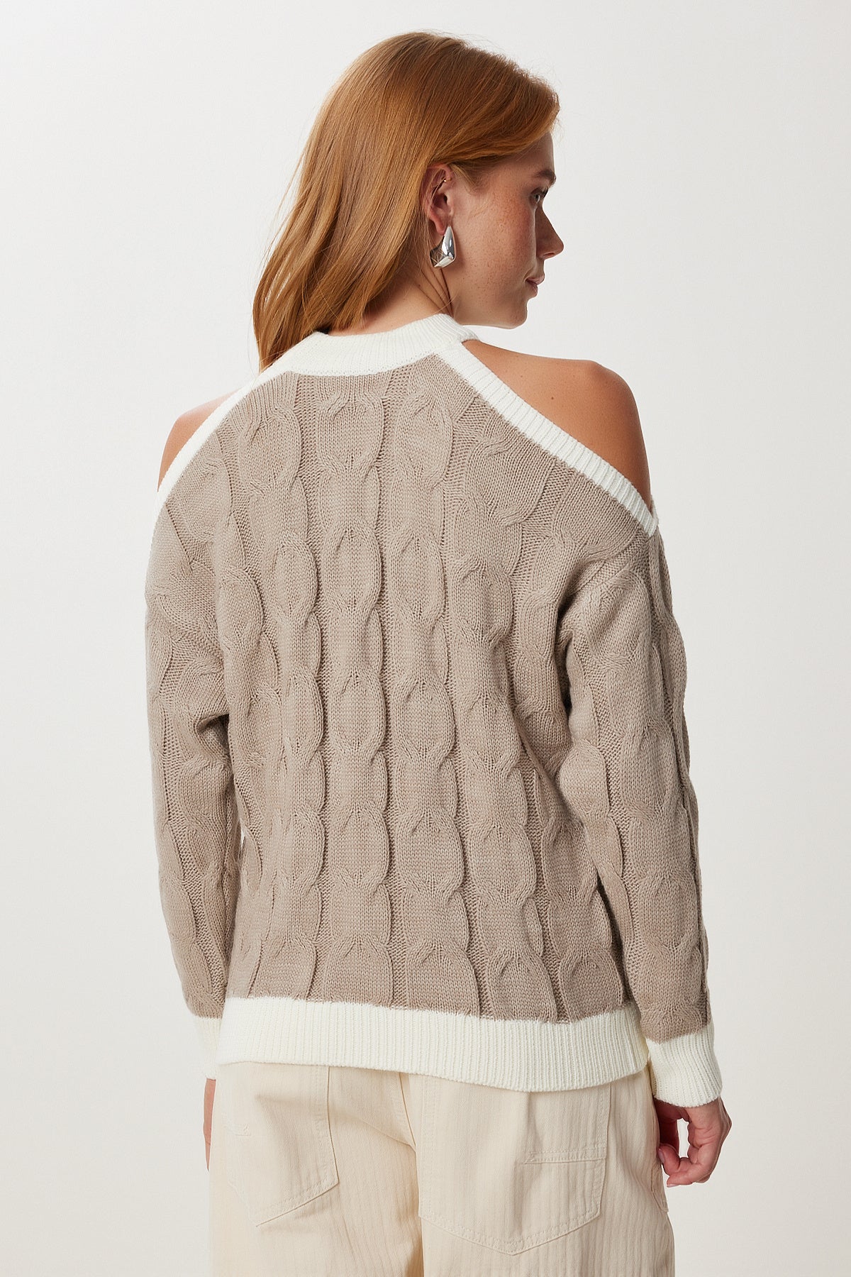 Vizon Ekru Cut Out Detaylı Kontrast Triko Kazak Kİ00165