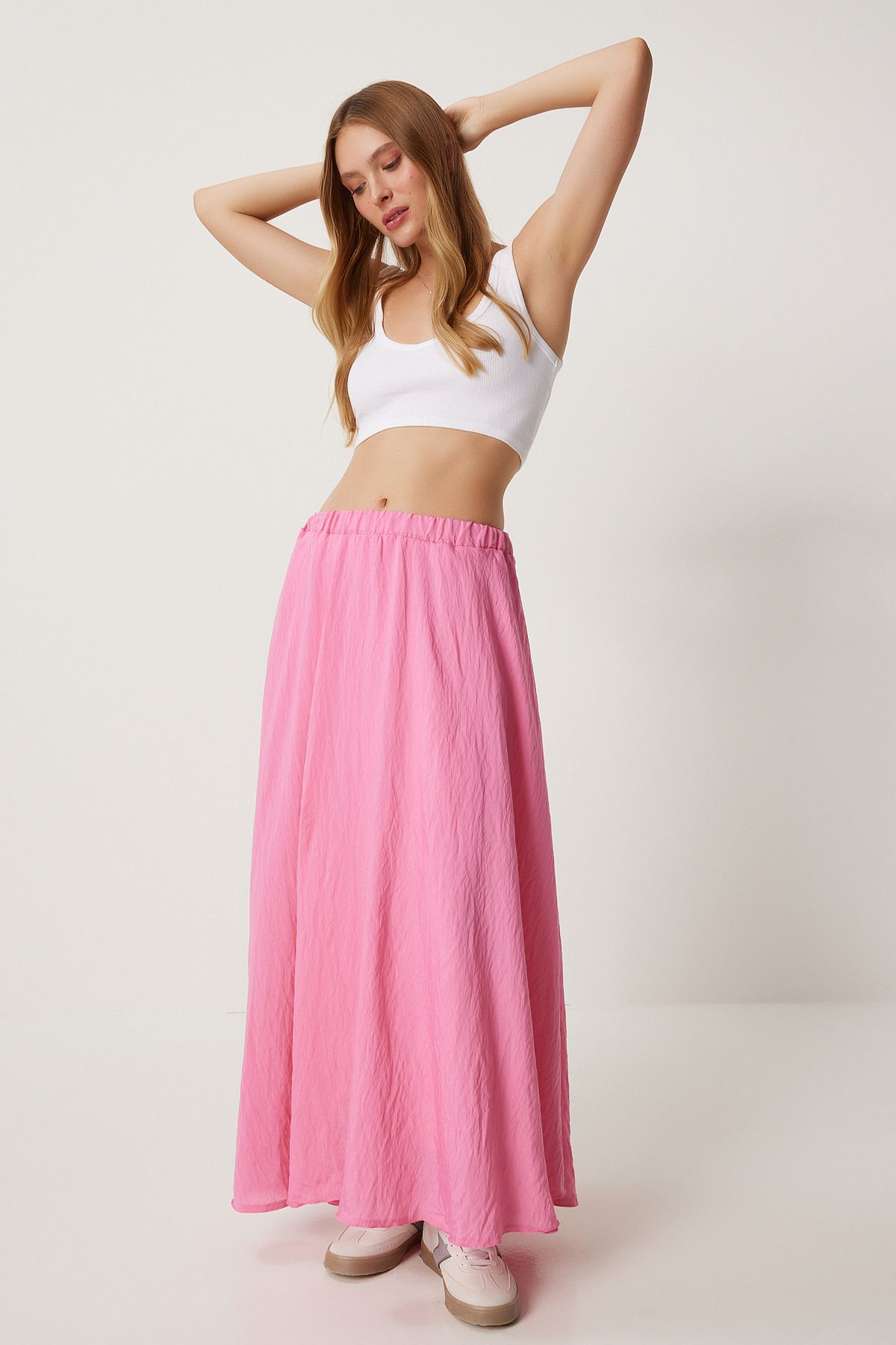 Pembe Volanlı Keten Karışımlı Uzun Etek DP00209