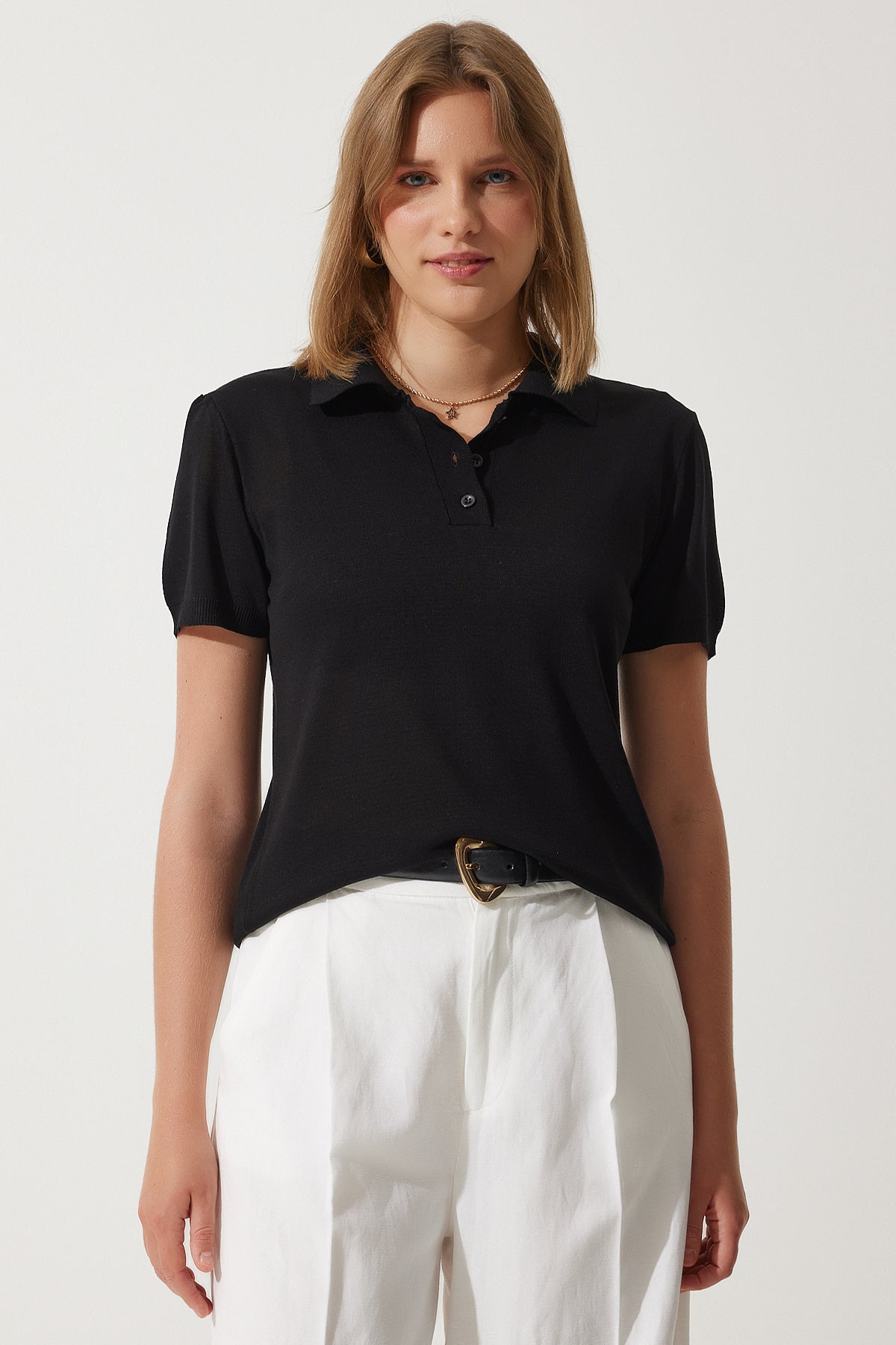 Siyah Polo Yaka Hafif Transparan Yazlık Triko Bluz YY00209