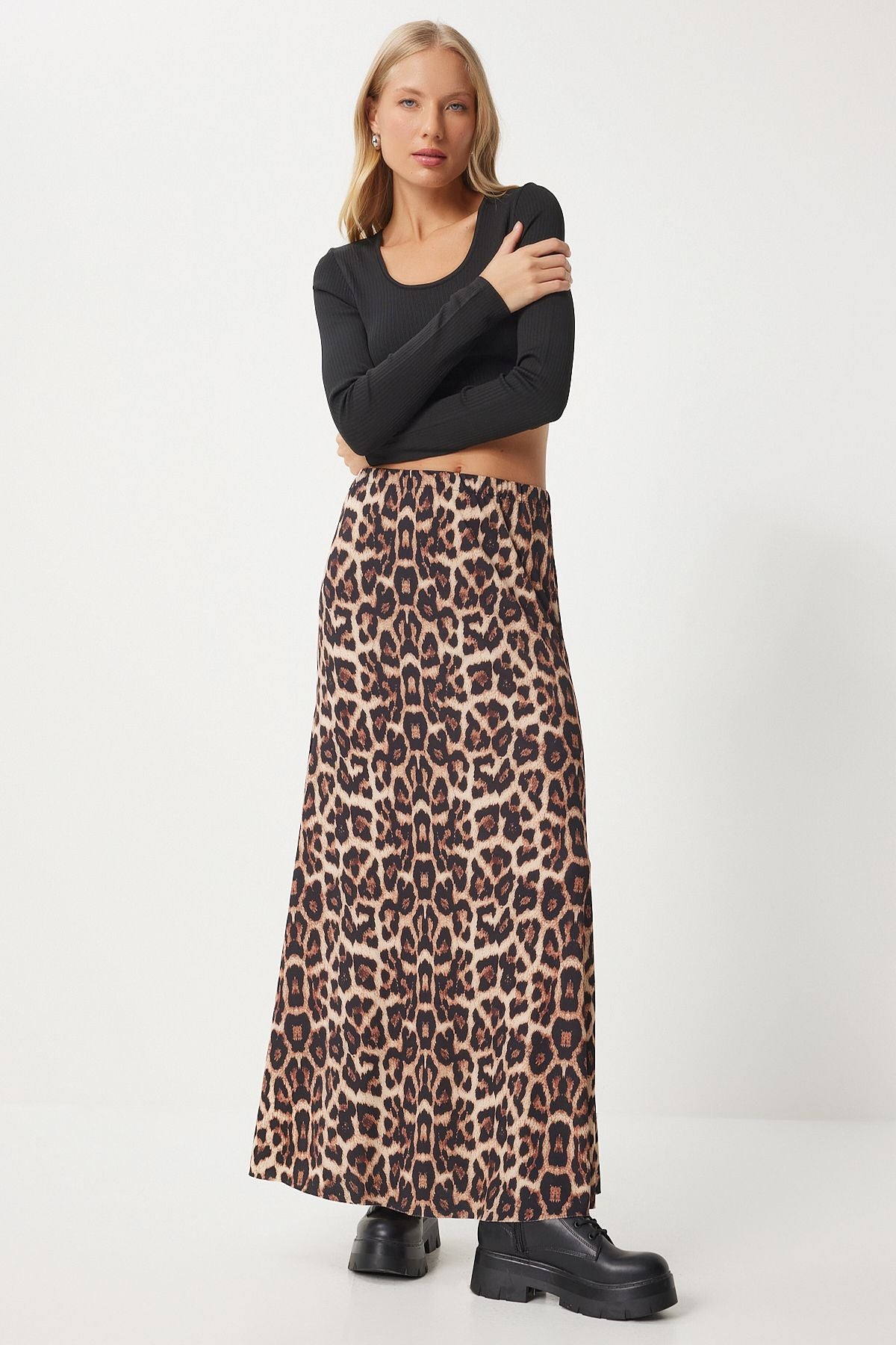 Siyah Bej Leopar Desenli Uzun Dokuma Etek RC00155