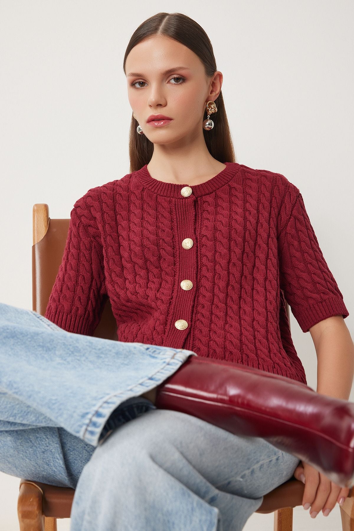 Bordo Bisiklet Yaka Saç Örgülü Triko Hırka US00946
