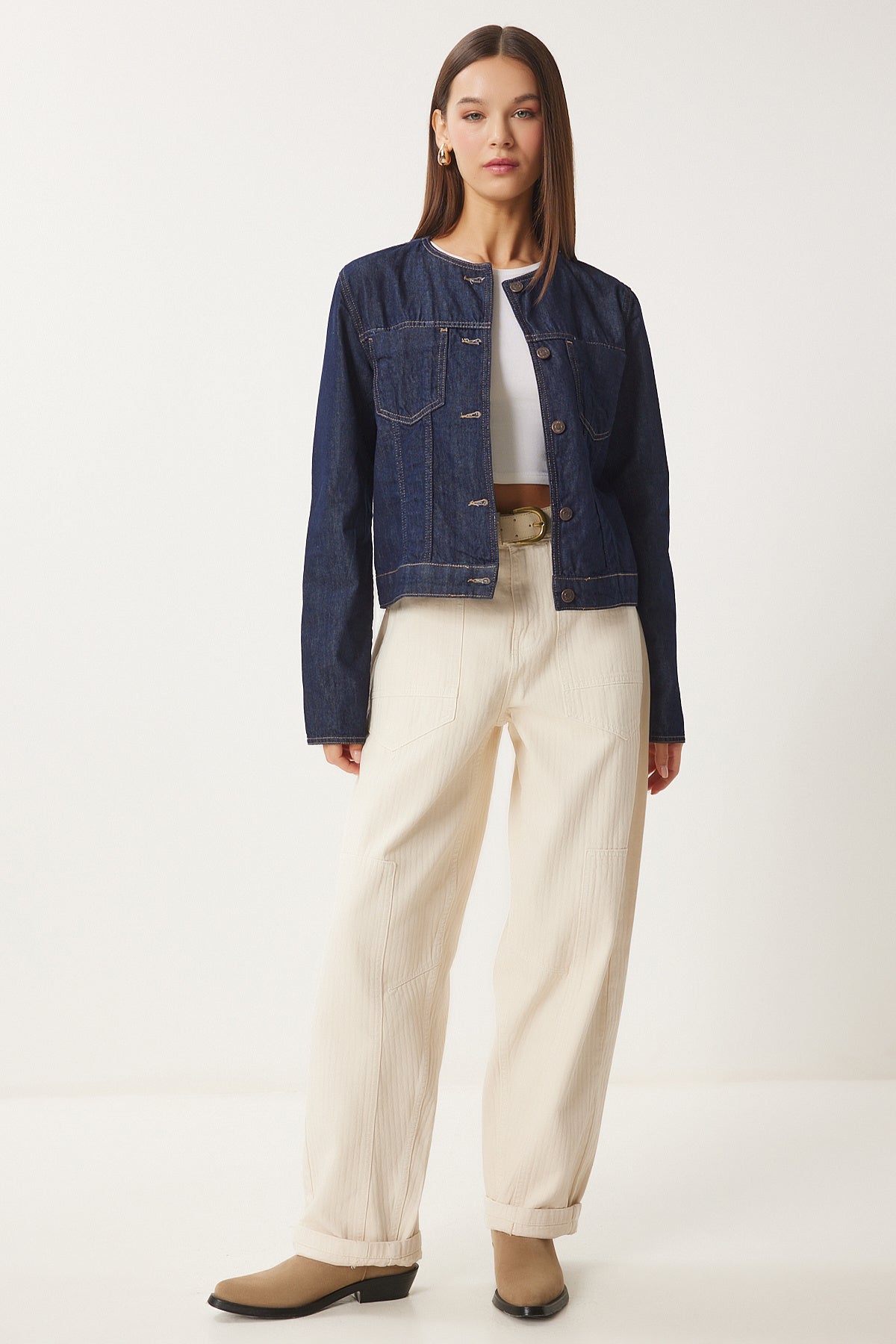 Lacivert Bisiklet Yaka Denim Ceket FN03417