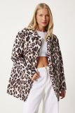 Siyah Bej Leopar Desenli Şişme Mont NT00432
