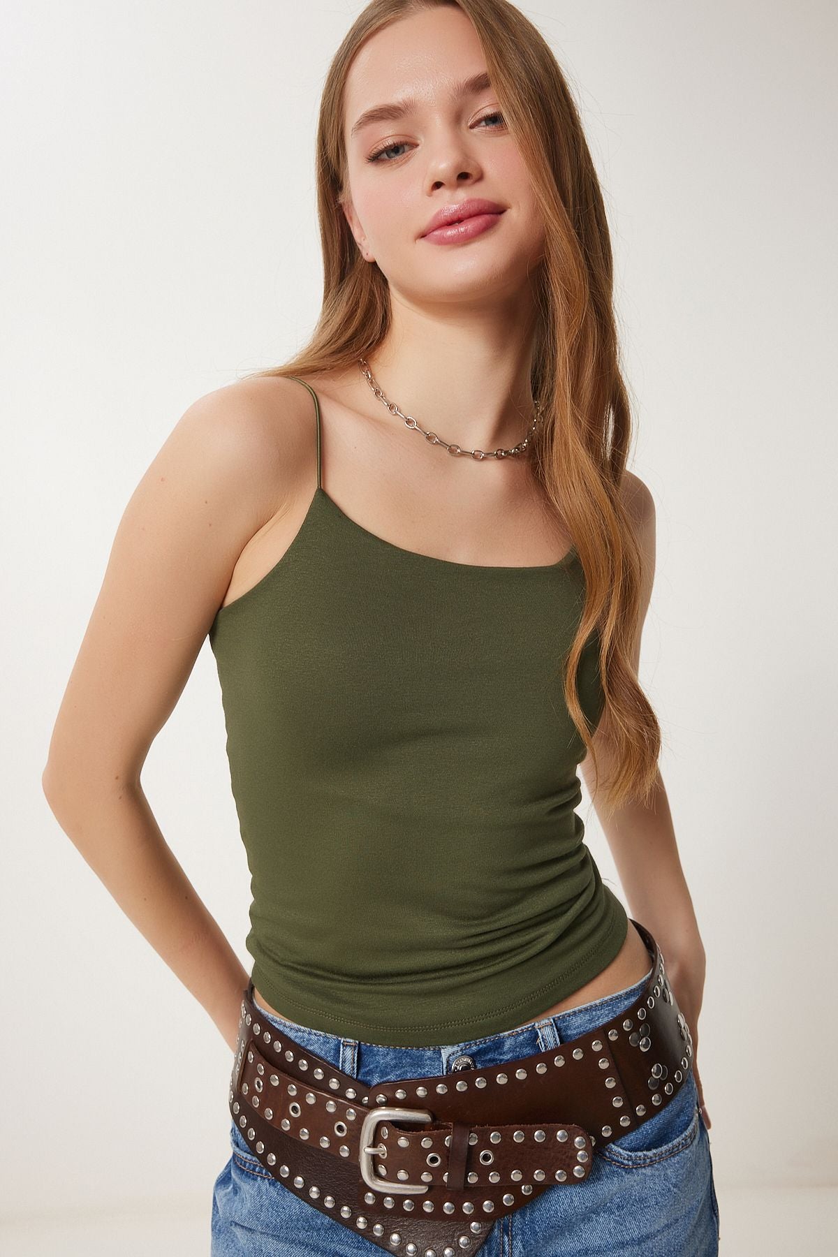 Sarı Haki İp Askılı 2'Li Örme Bluz LD00045