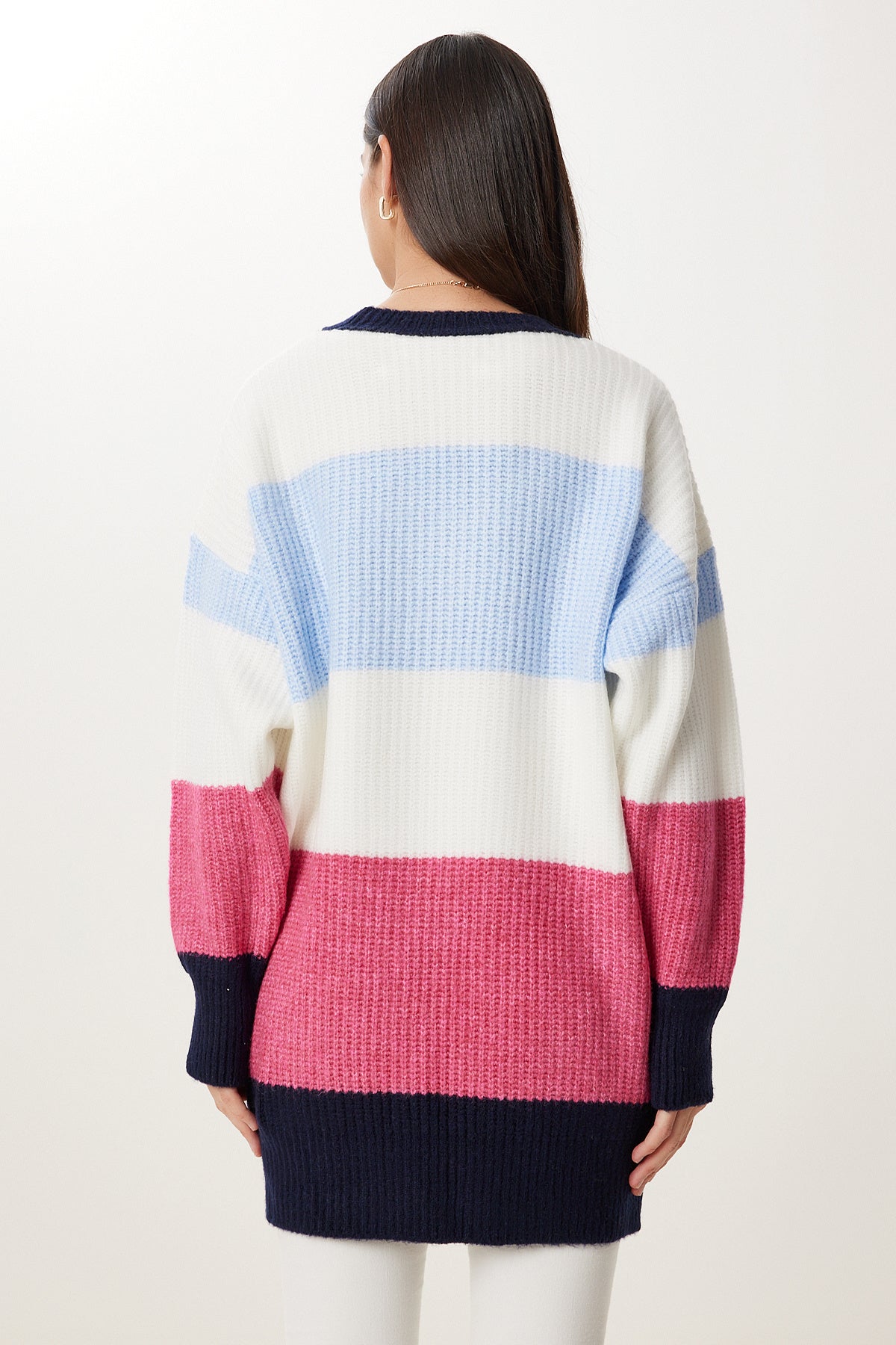 Mavi Ekru Çizgili Oversize Triko Kazak MX00241