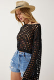 Siyah Delikli Mevsimlik Crop Triko Bluz CR00426