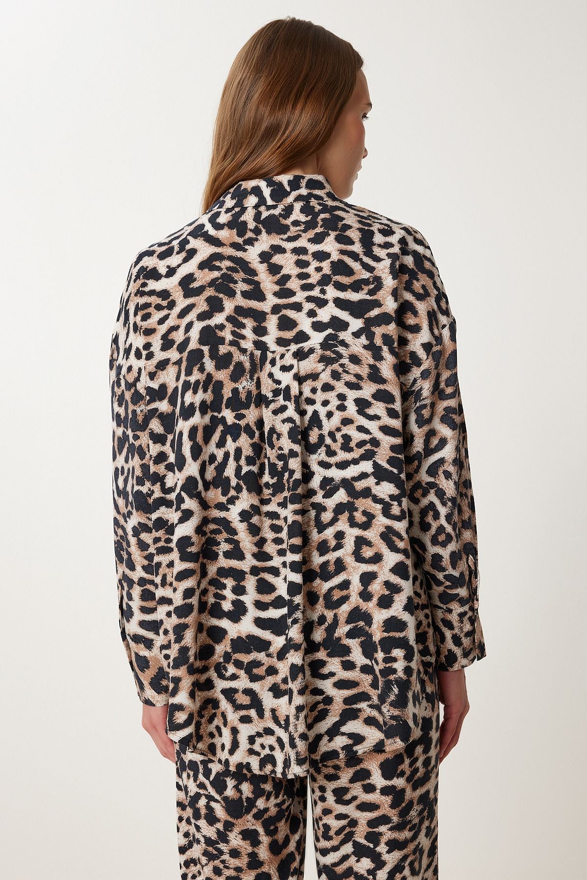 Siyah Bej Leopar Desenli Viskon Gömlek Pantolon Takım WF00140