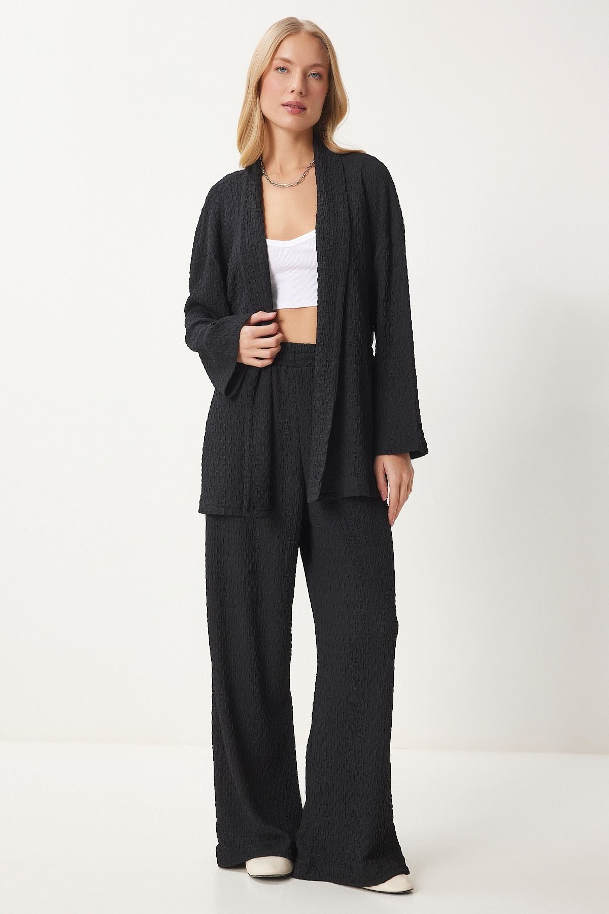 Siyah Dokulu Örme Kimono Pantolon Takım RG00046