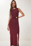 Bordo Gold Tokalı Midi Sandy Elbise KH00097