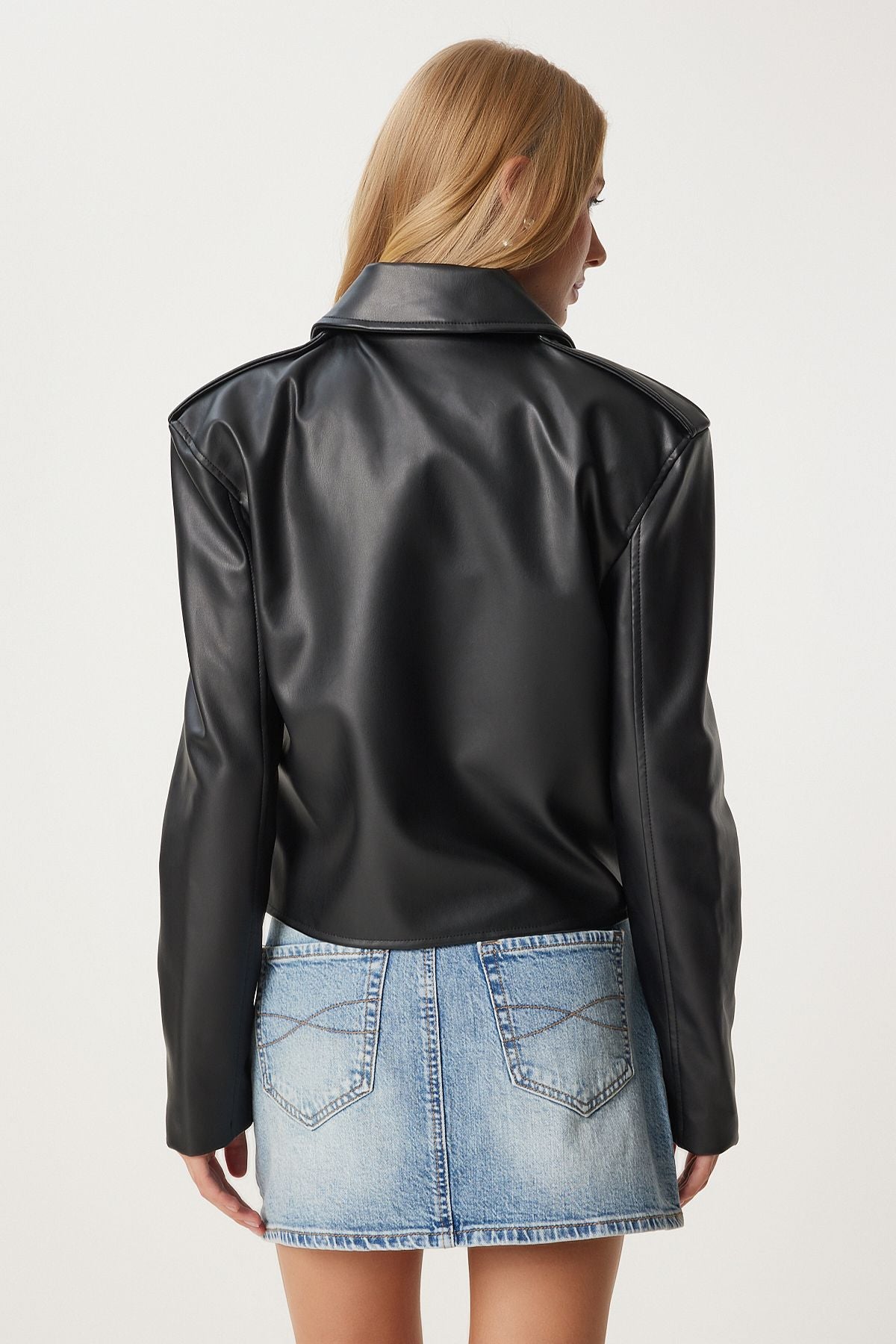 Siyah Suni Deri Crop Biker Ceket  FN03305