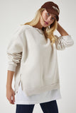 Bej Fermuar Detaylı Şardonlu Örme Sweatshirt UB00148