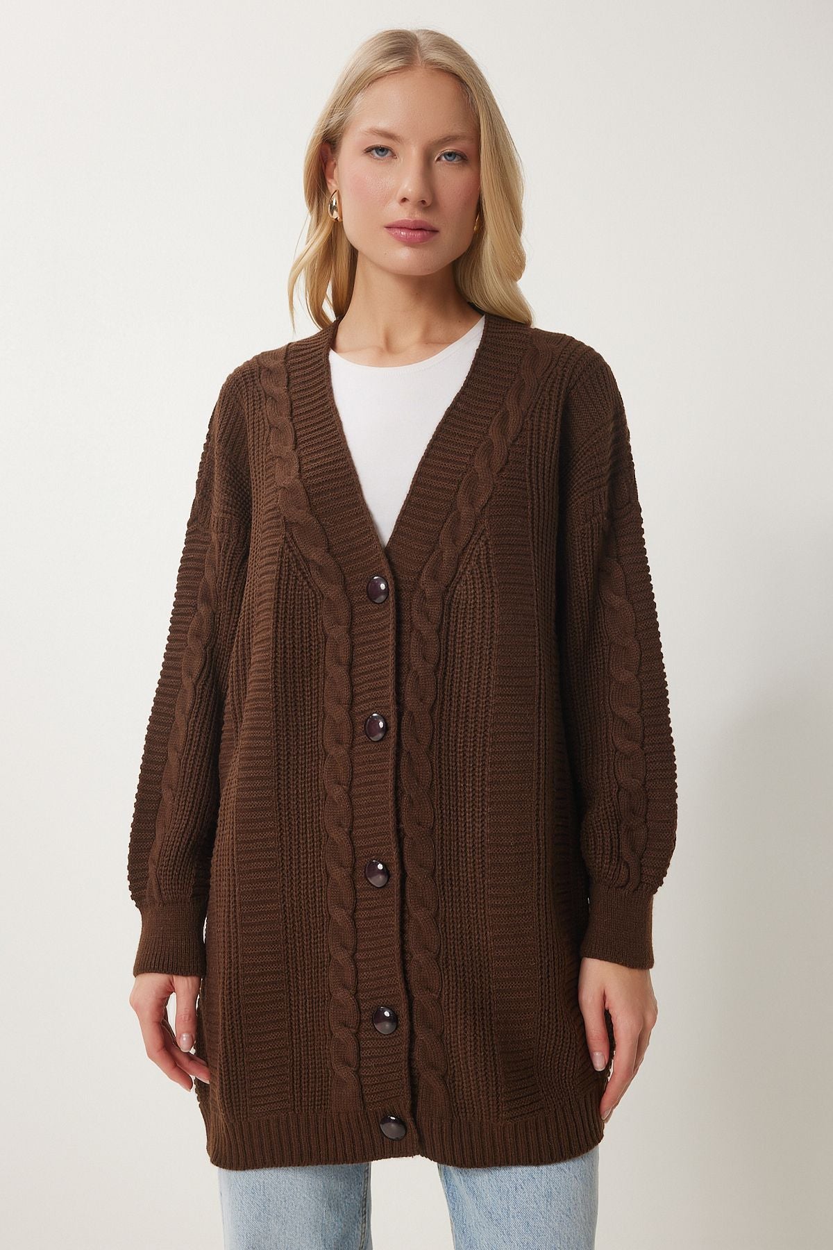 Kahverengi Balon Kollu Oversize Triko Hırka DD01033