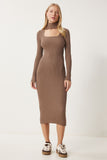Vizon Cut Out Detaylı Dik Yaka Fitilli Triko Elbise FN03388