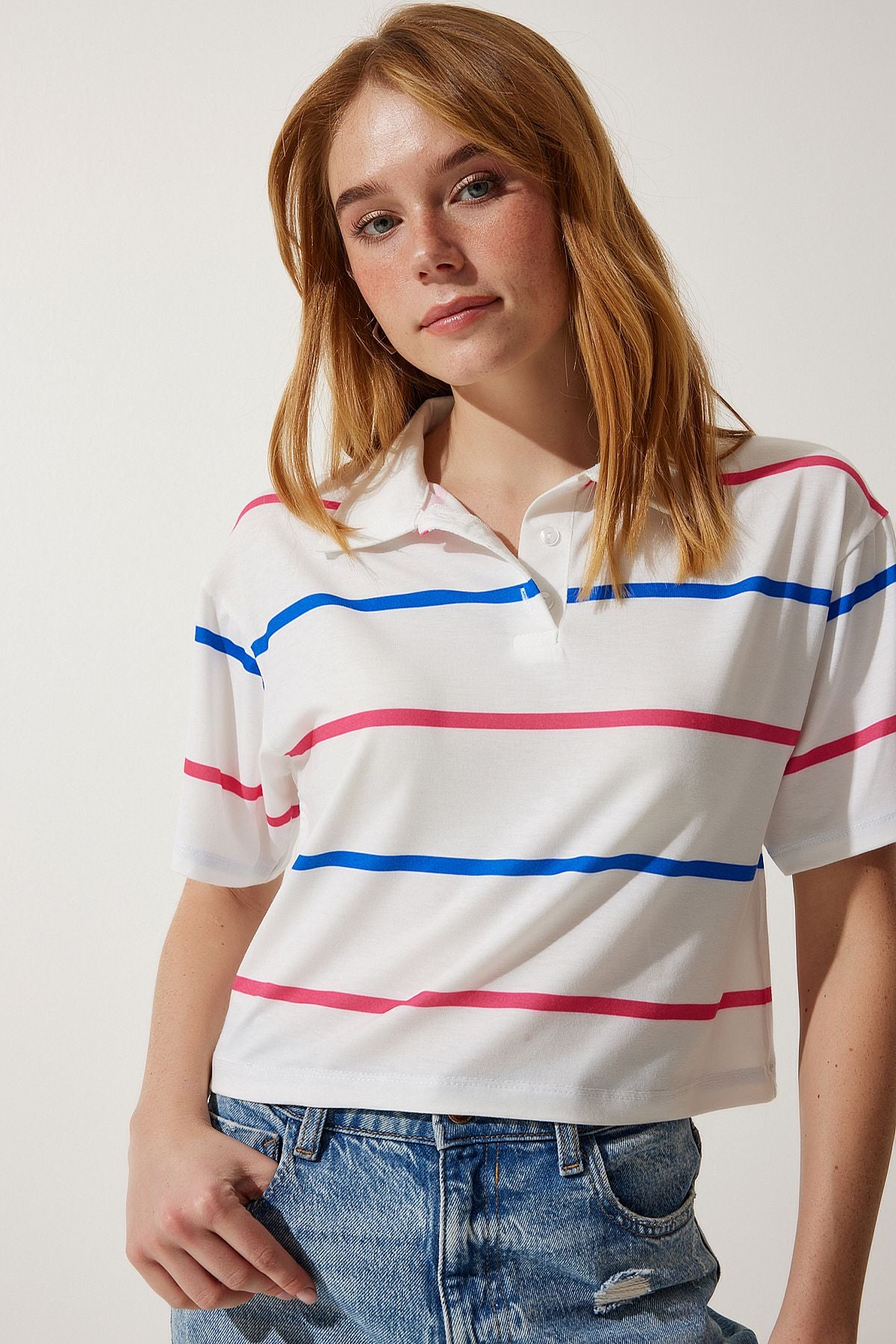 Ekru Pembe Polo Yaka Çizgili Kısa Örme T-Shirt HF00454