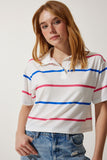 Ekru Pembe Polo Yaka Çizgili Kısa Örme T-Shirt HF00454