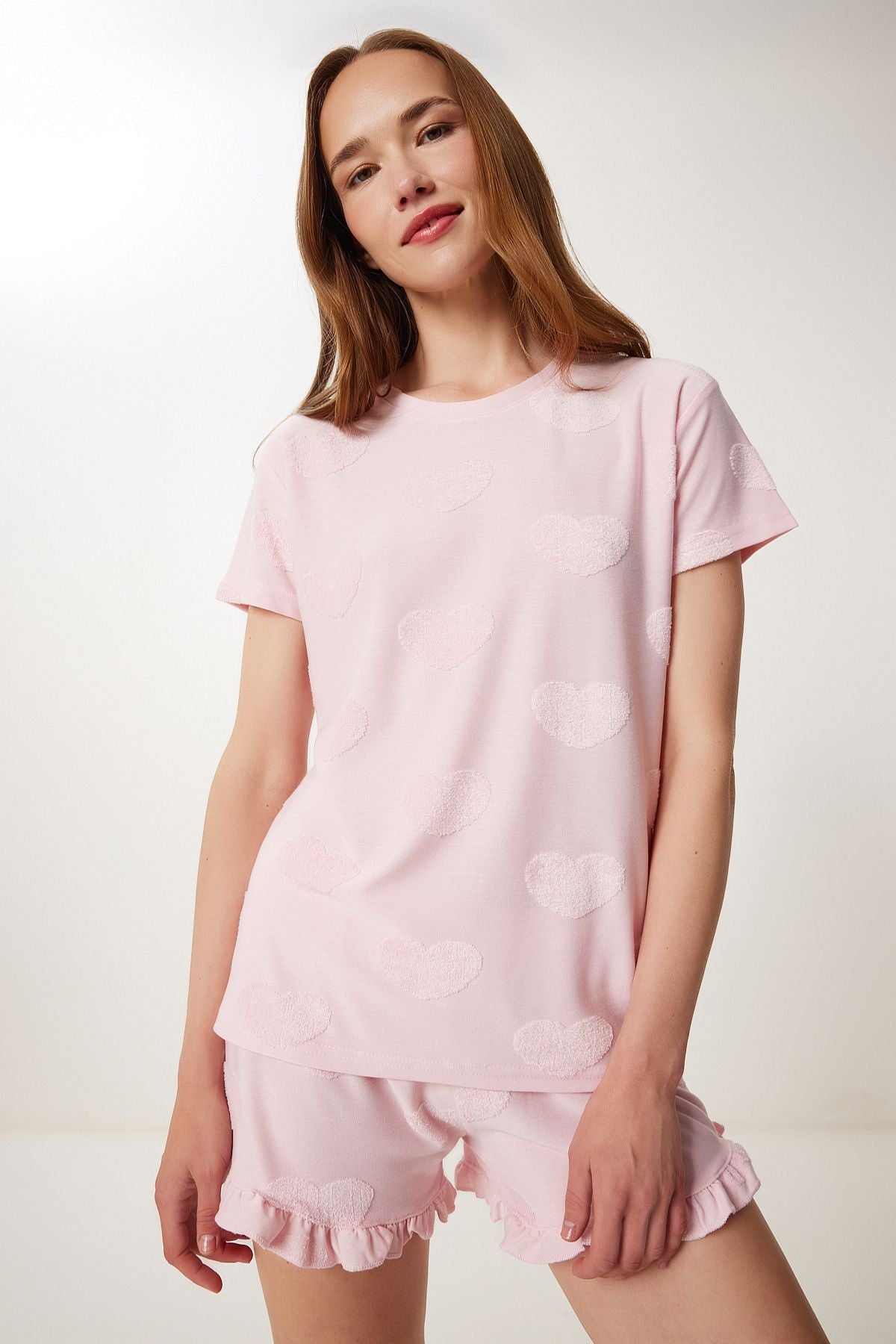 Şeker Pembe Kalp Dokulu Şortlu Örme Pijama Takımı FP00011
