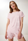 Şeker Pembe Kalp Dokulu Şortlu Örme Pijama Takımı FP00011