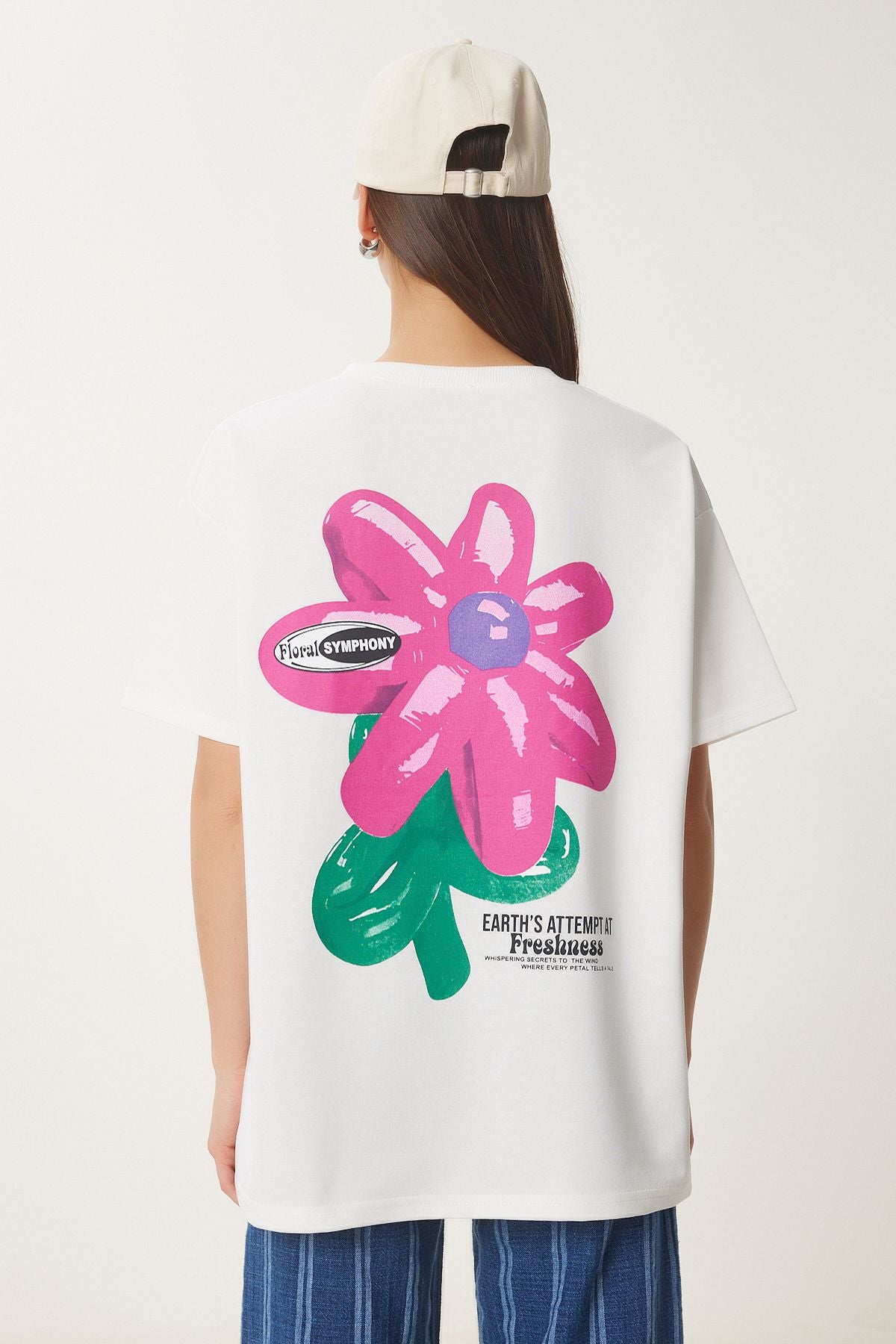 Ekru Çiçek Baskılı Oversize Örme T-Shirt ZV00282