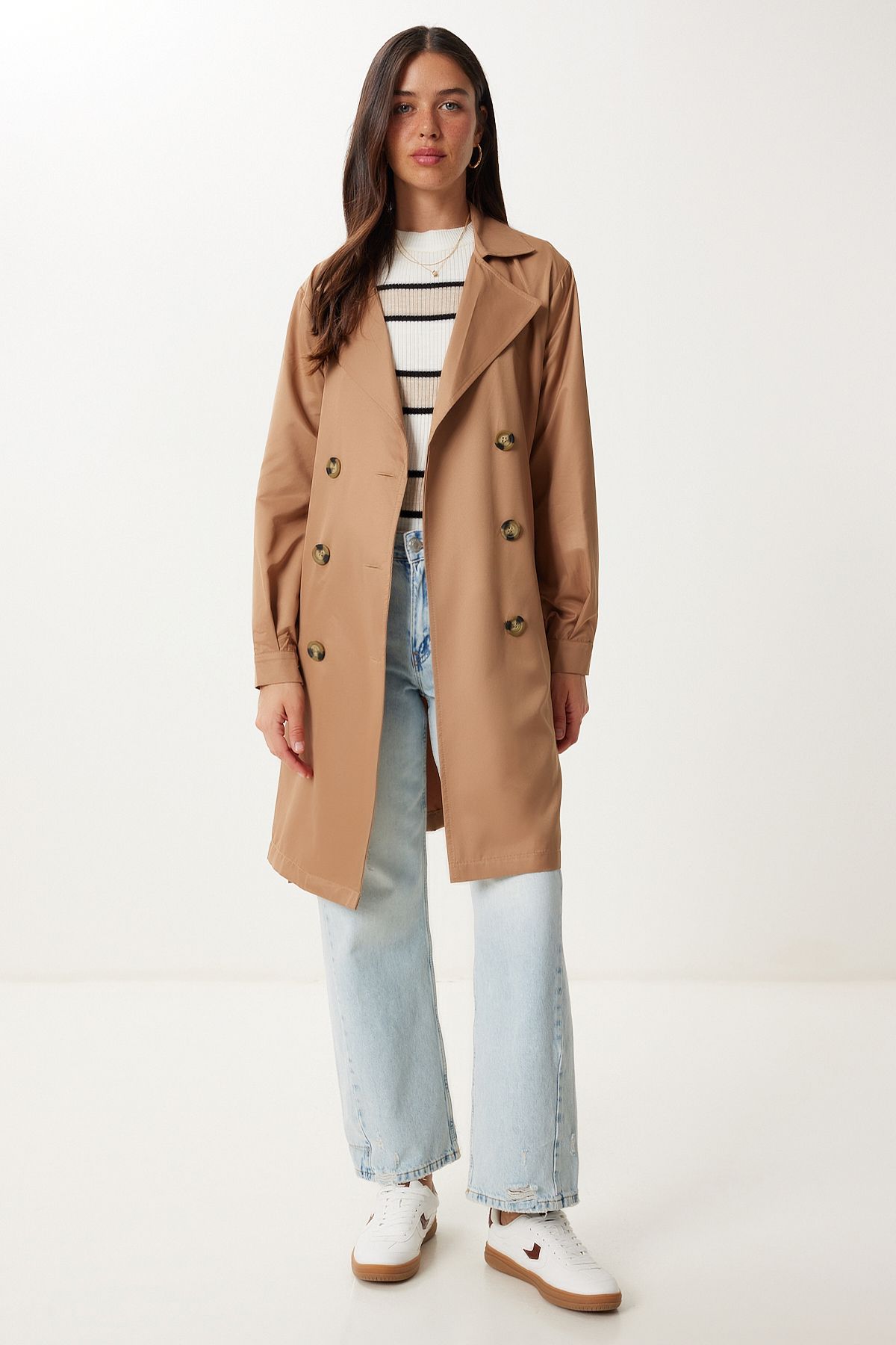Camel Kruvaze Yaka Kuşaklı Mevsimlik Trençkot DD01374