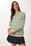Krem Yeşil Çizgili Oversize Örme Sweatshirt ZV00339