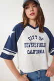 Lacivert Beyaz Sloganlı Pamuklu Örme T-Shirt CR00462