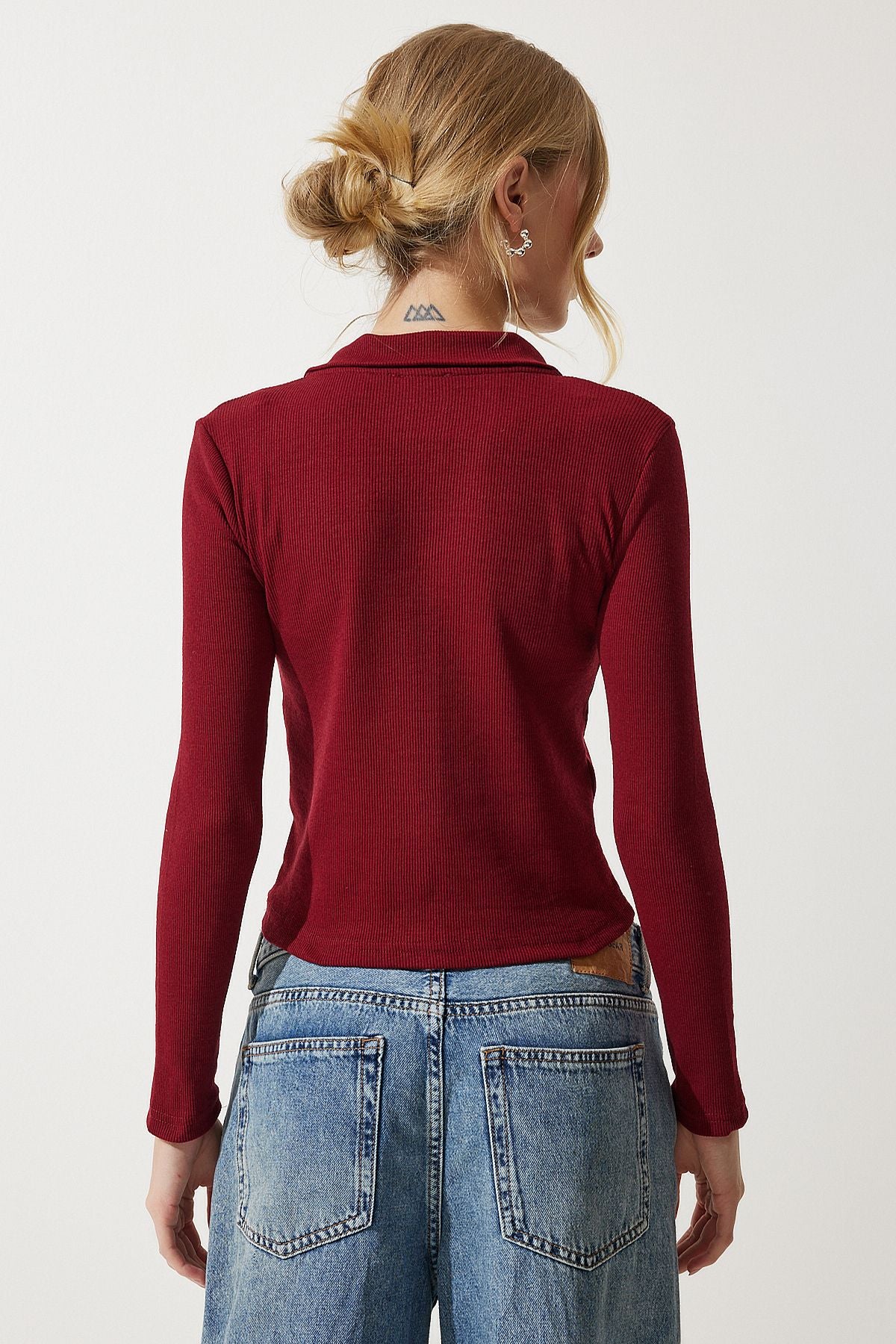 Bordo Polo Yaka Fitilli Örme Bluz GT00111