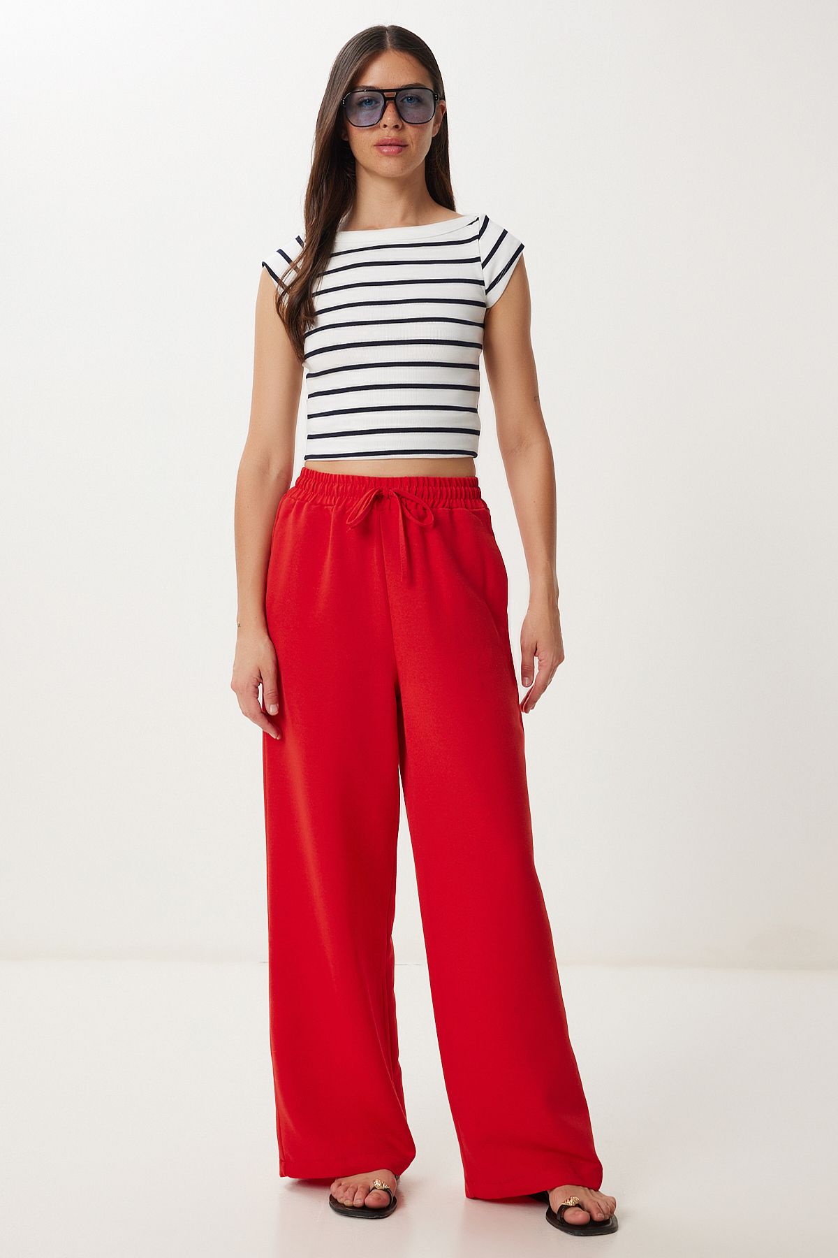 Kırmızı Geniş Paça Keten Pantolon DP00261