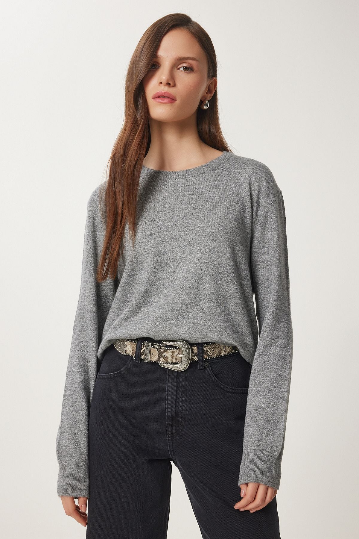 Gri Bisiklet Yaka Basic Triko Kazak US01004