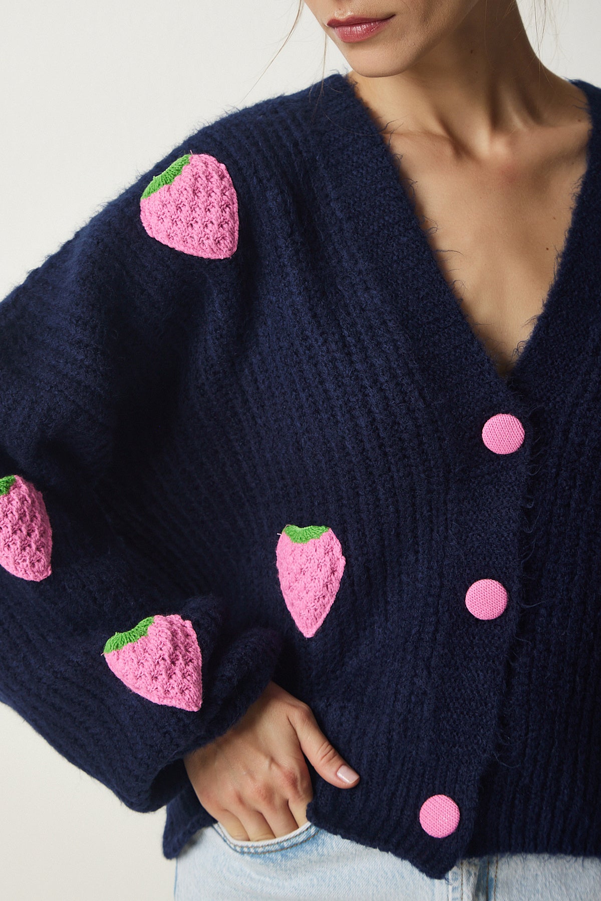 Lacivert Çilek Motifli Oversize Triko Hırka PF00008