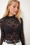 Siyah Dantelli Esnek Örme Bluz UB00319