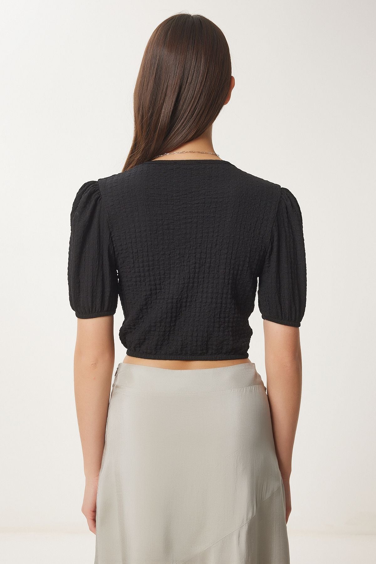 Siyah Balon Kollu Crop Örme Bluz ZV00278