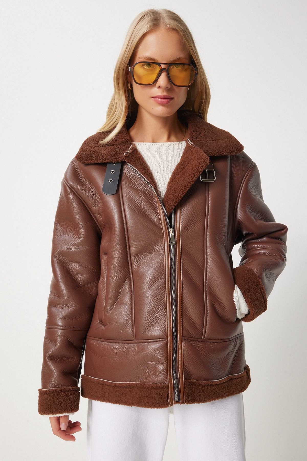 Kahverengi İçi Suni Kürklü Suni Deri Biker Ceket RV00202
