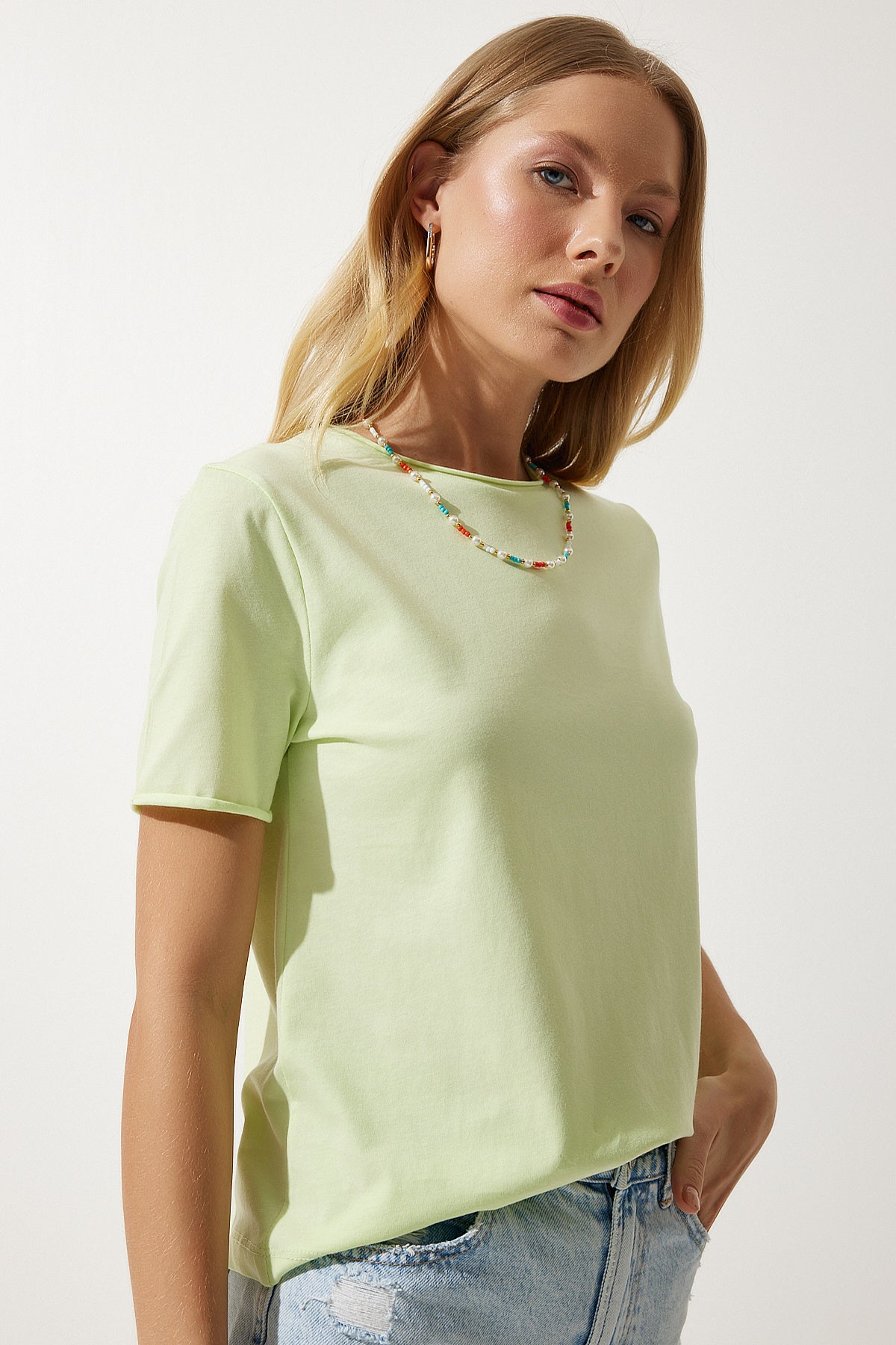 Açık Yeşil Bisiklet Yaka Basic Örme T-Shirt UB00229