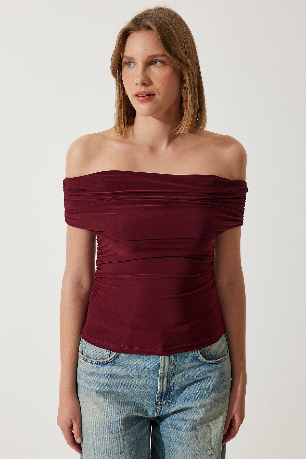 Bordo Büzgülü Açık Omuzlu Sandy Bluz TO00132