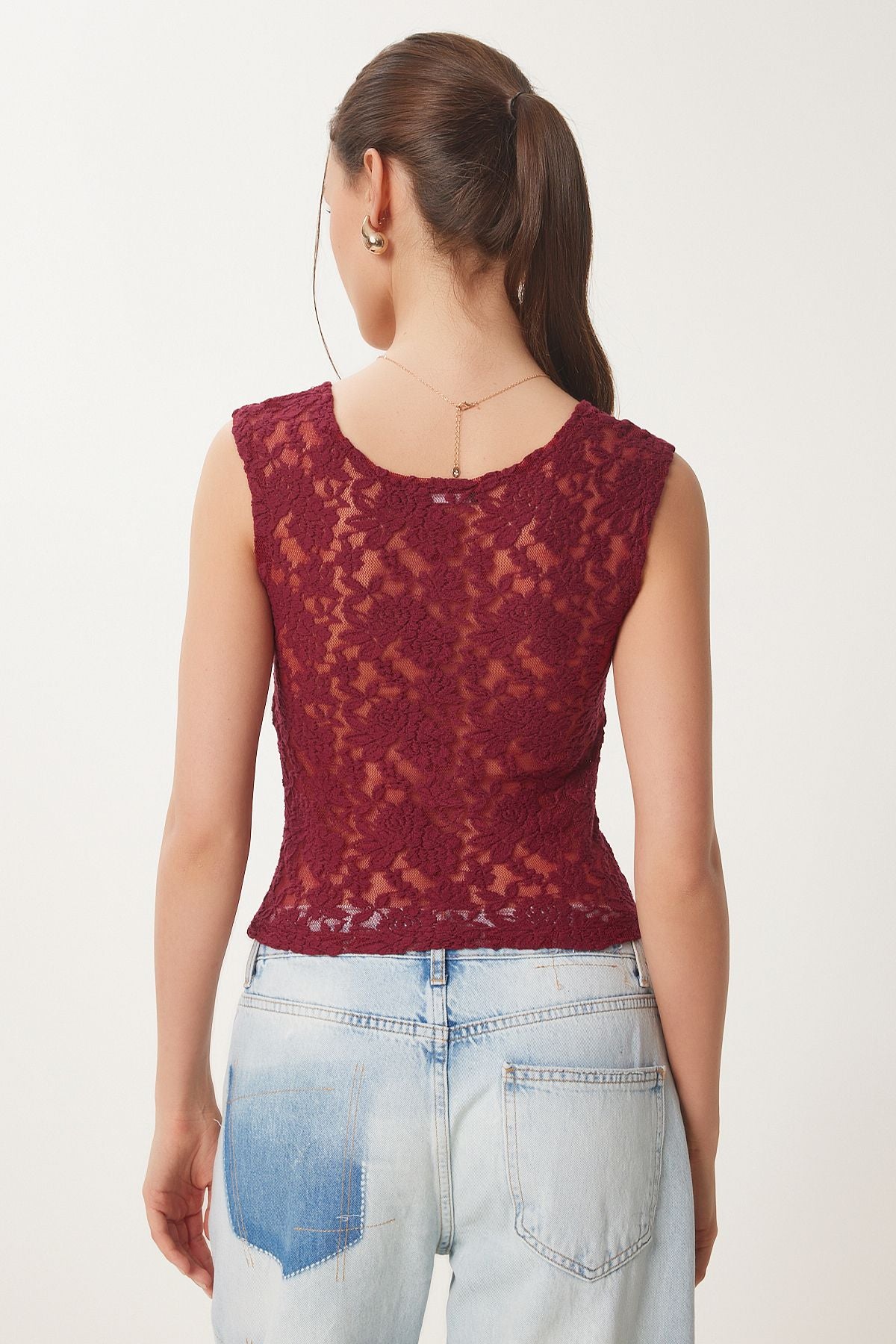 Bordo Dantelli Esnek Crop Bluz KH00095