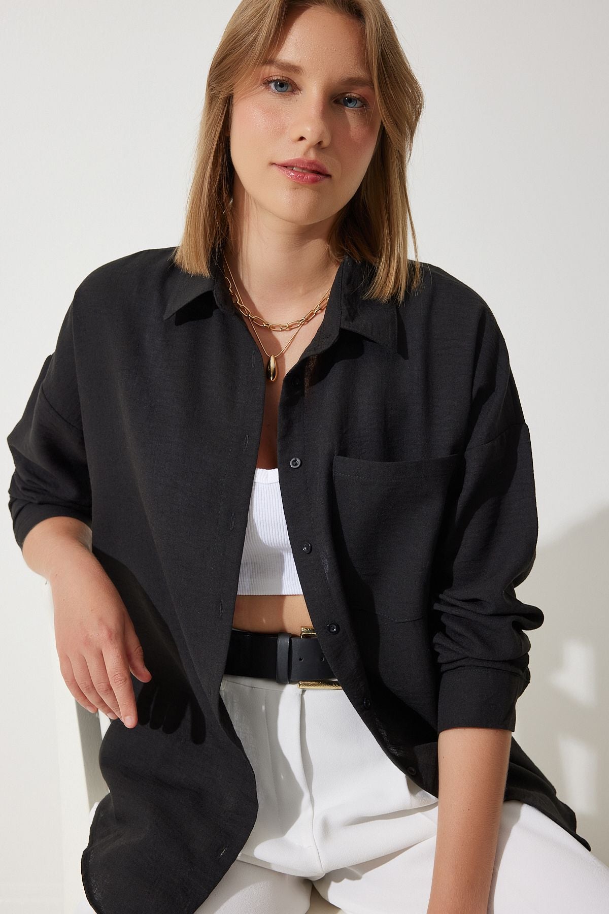 Siyah Oversize Keten Ayrobin Gömlek DD01222