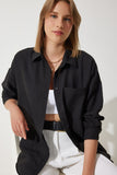 Siyah Oversize Keten Ayrobin Gömlek DD01222