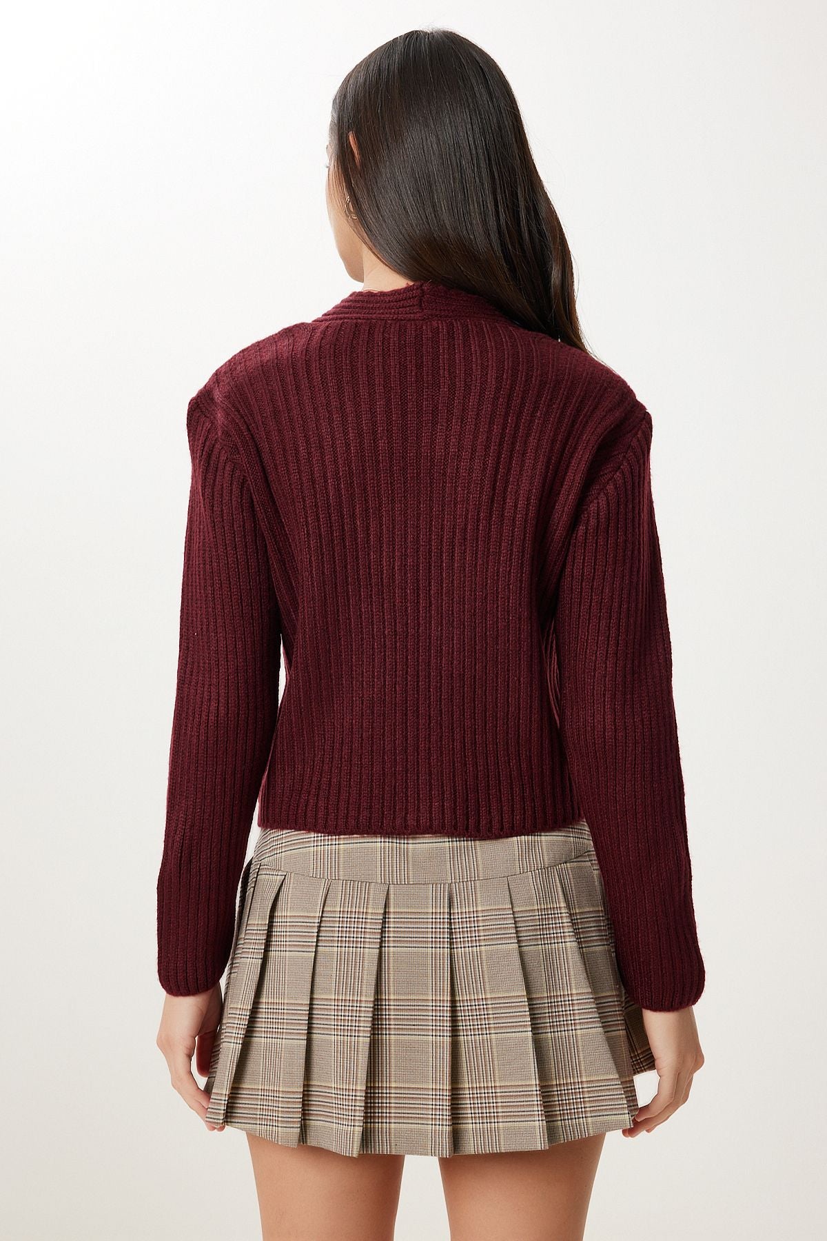 Bordo Çapraz Detaylı Fitilli Triko Kazak DP00269