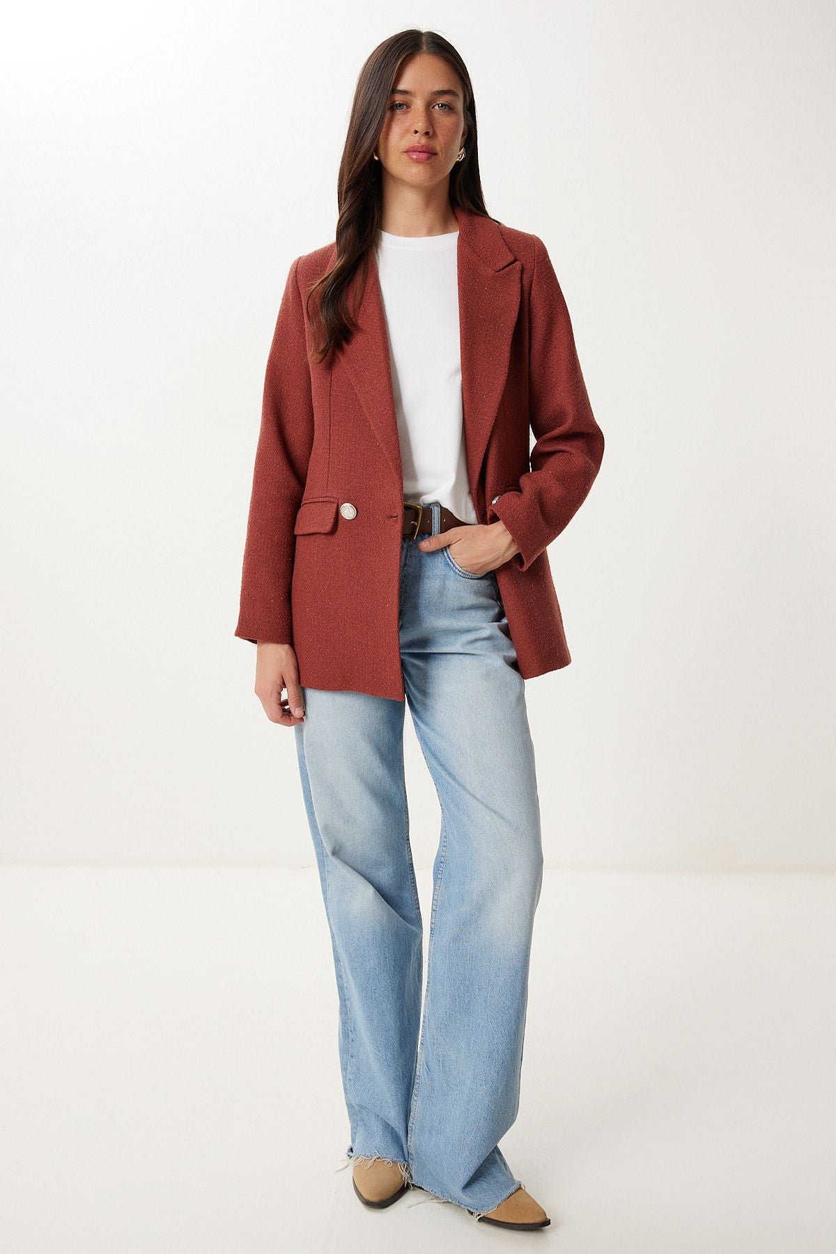 Kiremit Vatkalı Şık Düğmeli Tüvit Blazer Ceket XL00005