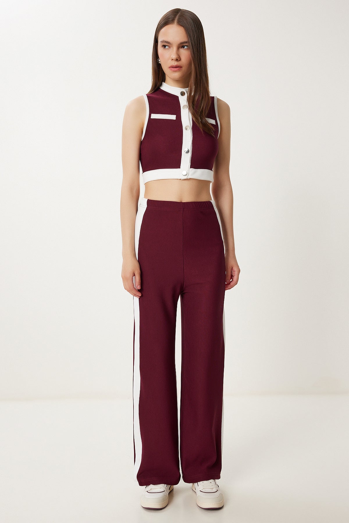 Bordo Kontrast Renkli Fitilli Örme Takım ZV00328
