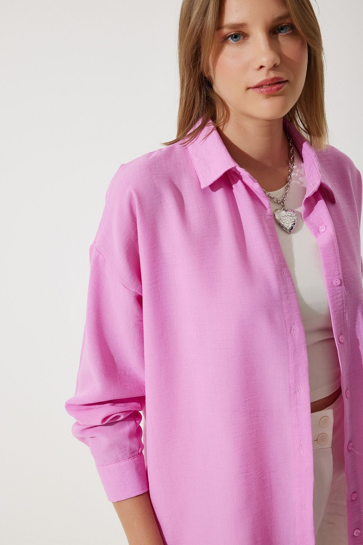 Açık Pembe Oversize Keten Ayrobin Gömlek DD01222