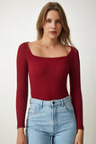 Bordo Kare Yaka Fitilli Örme Bluz GT00052