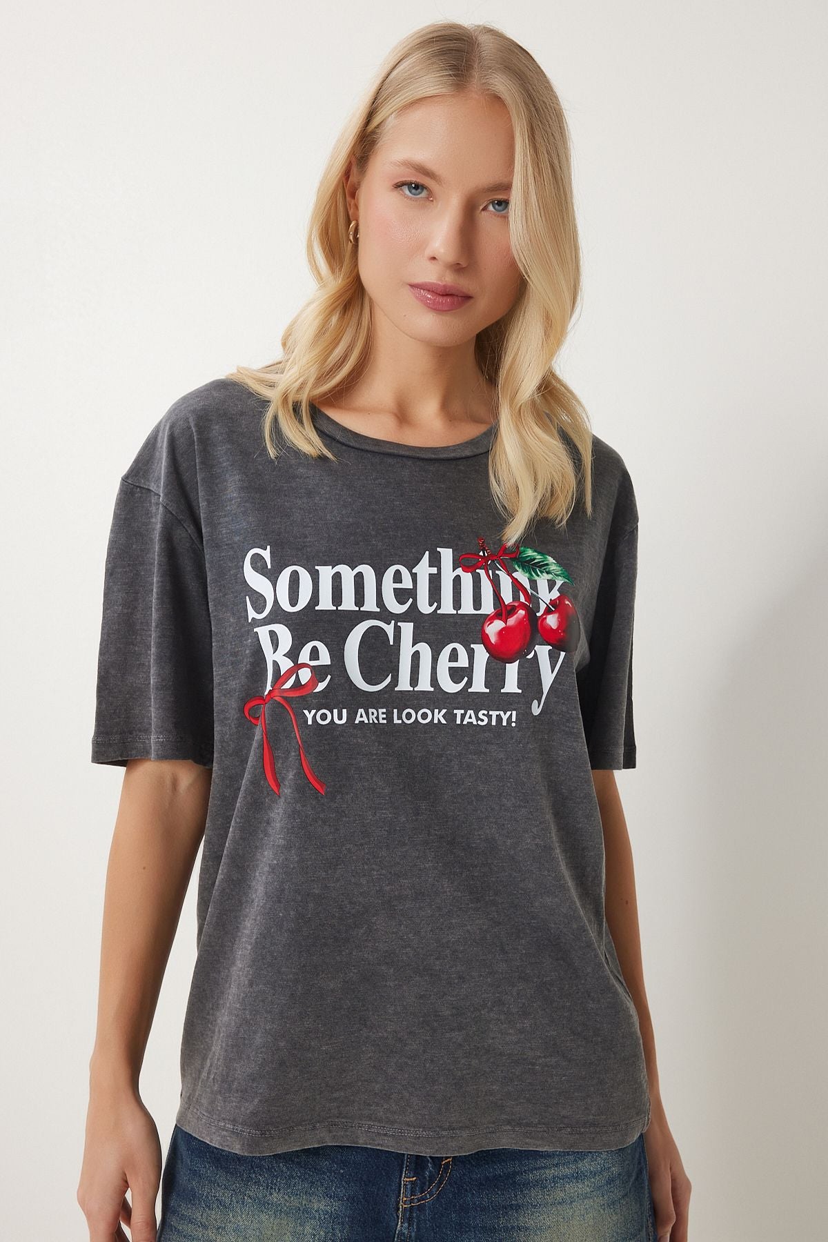 Antrasit Baskılı Yıkamalı Örme T-Shirt AN00220