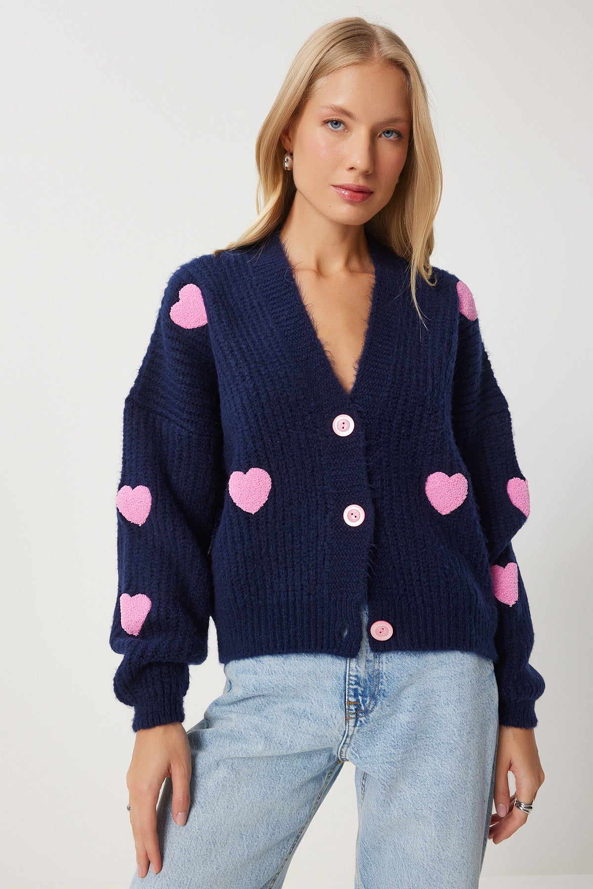 Lacivert Kalp Motifli Oversize Triko Hırka PF00084