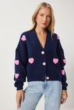 Lacivert Kalp Motifli Oversize Triko Hırka PF00084